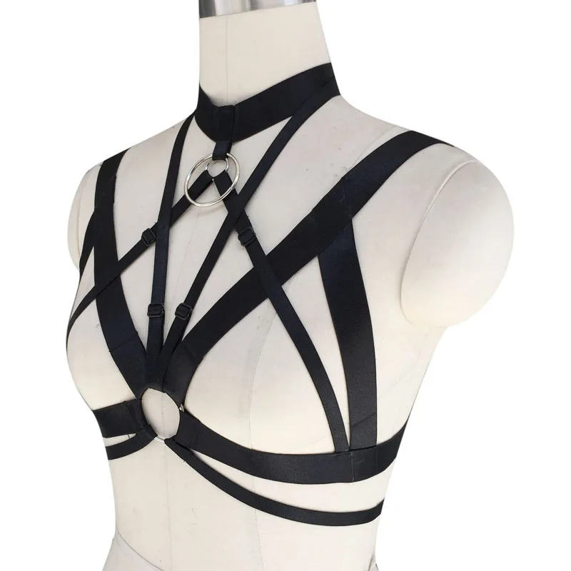 Black Harness Women O-Ring Cage Top With Garter Belts Body Harness Bondage belts Leg Harness Goth Harness Lingerie Clothing