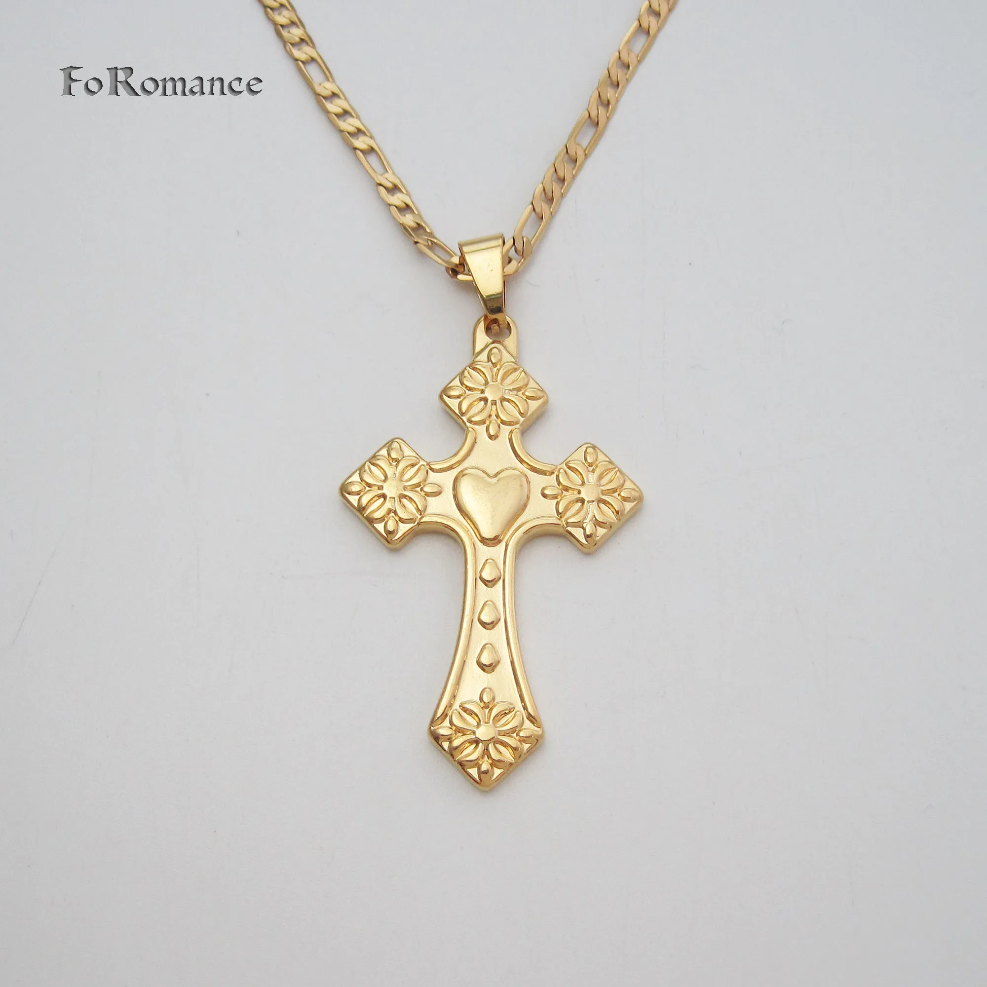 FoRomance YELLOW GOLD PLATED 24INCH FIGARO CHAIN & CROSS PENDANT WITH HEART WATER DROP FLOWER ON IT GREAT GIFT