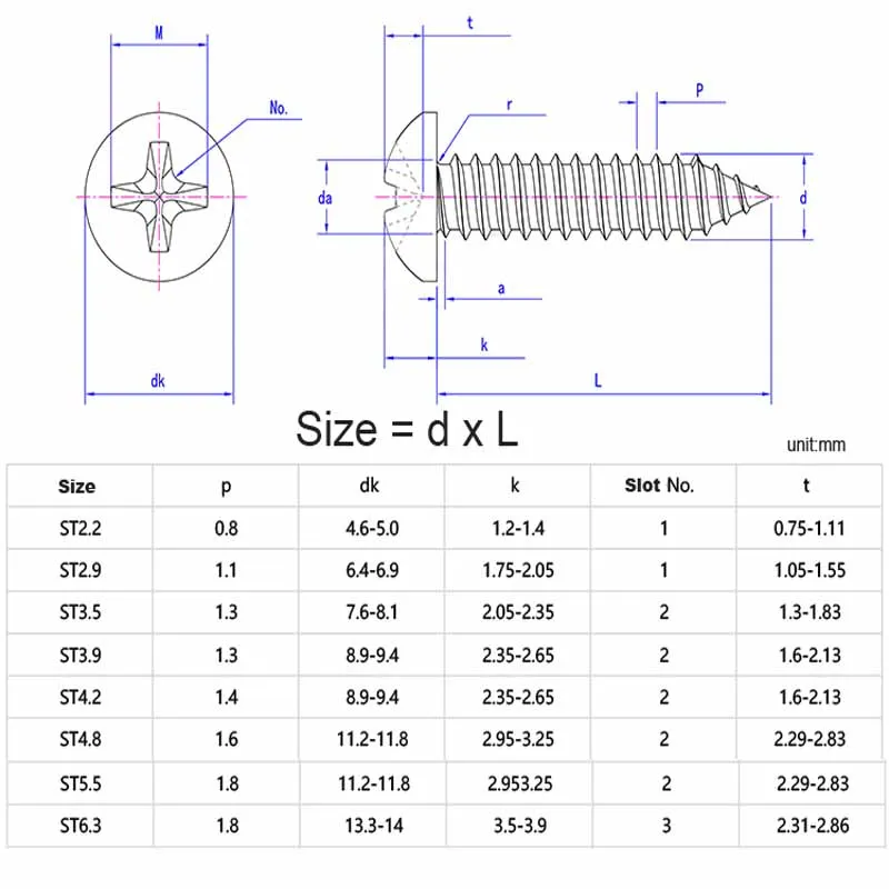 M2.2 M2.9-M6.3 JISB1122T 304 Stainless Steel Large Flat Head Phillips Self Tapping Screw Round Umbrella Mushroom Head Wood Screw