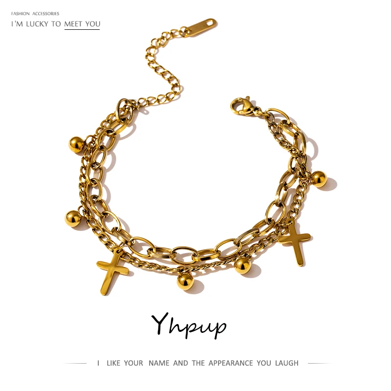 Yhpup Stainless Steel Cross Layered Bracelet for Women Charm Metal 14 K Plated Trendy Golden Wrist Unique Design Jewelry брелок