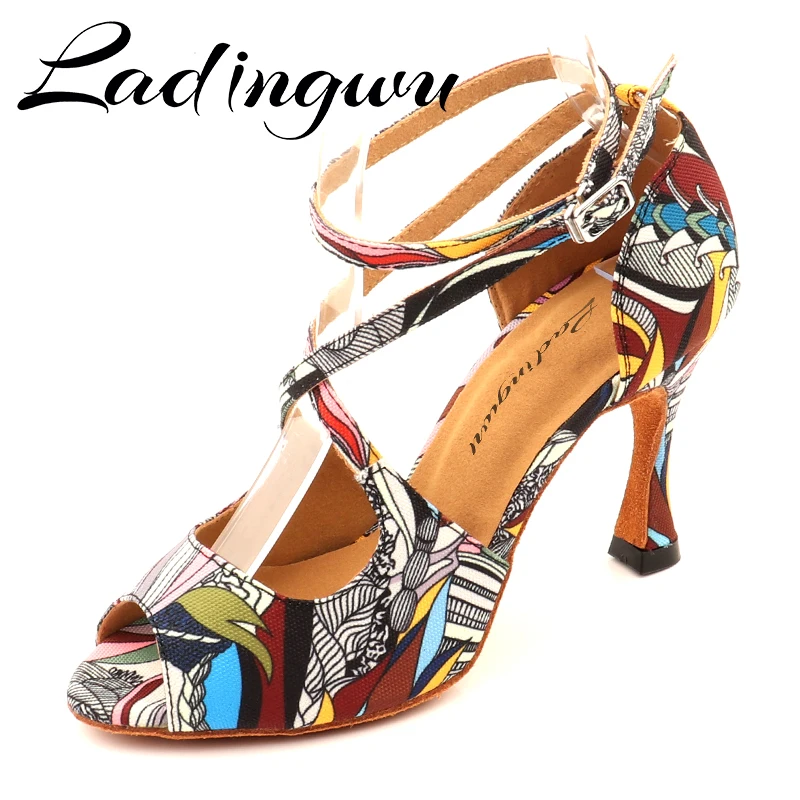 

Ladingwu Salsa Jazz Ballroom Latin Dance Black Shoes For Dancing Women Social Strip High Heels Featured graffiti Denim Sandals