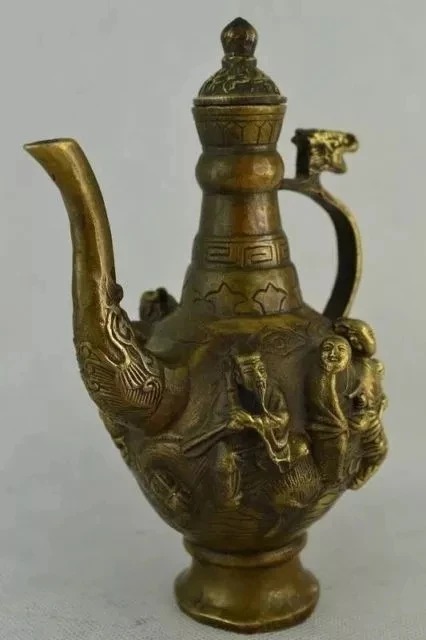 6.75 بوصة / إبريق شاي من النحاس الصيني القديم المنحوت يدويًا بثمانية إبريق شاي تنين خالد
