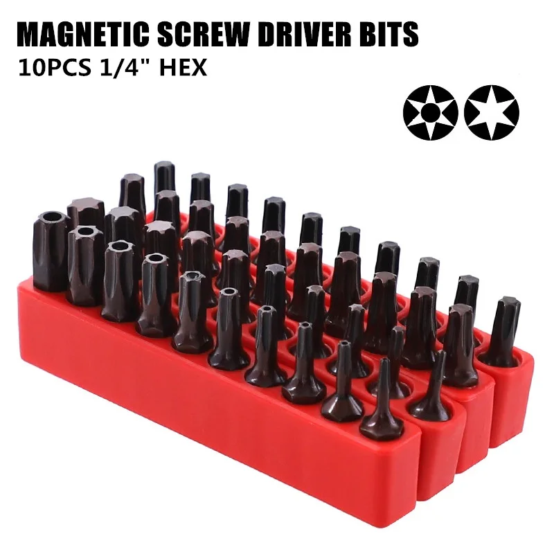 10pcs 25mm Torx Screwdriver Bits With Hole Magnetic Set T20 T25 -T40 1/4 Inch Hex Shank Electric Screw Driver Star Bit Set