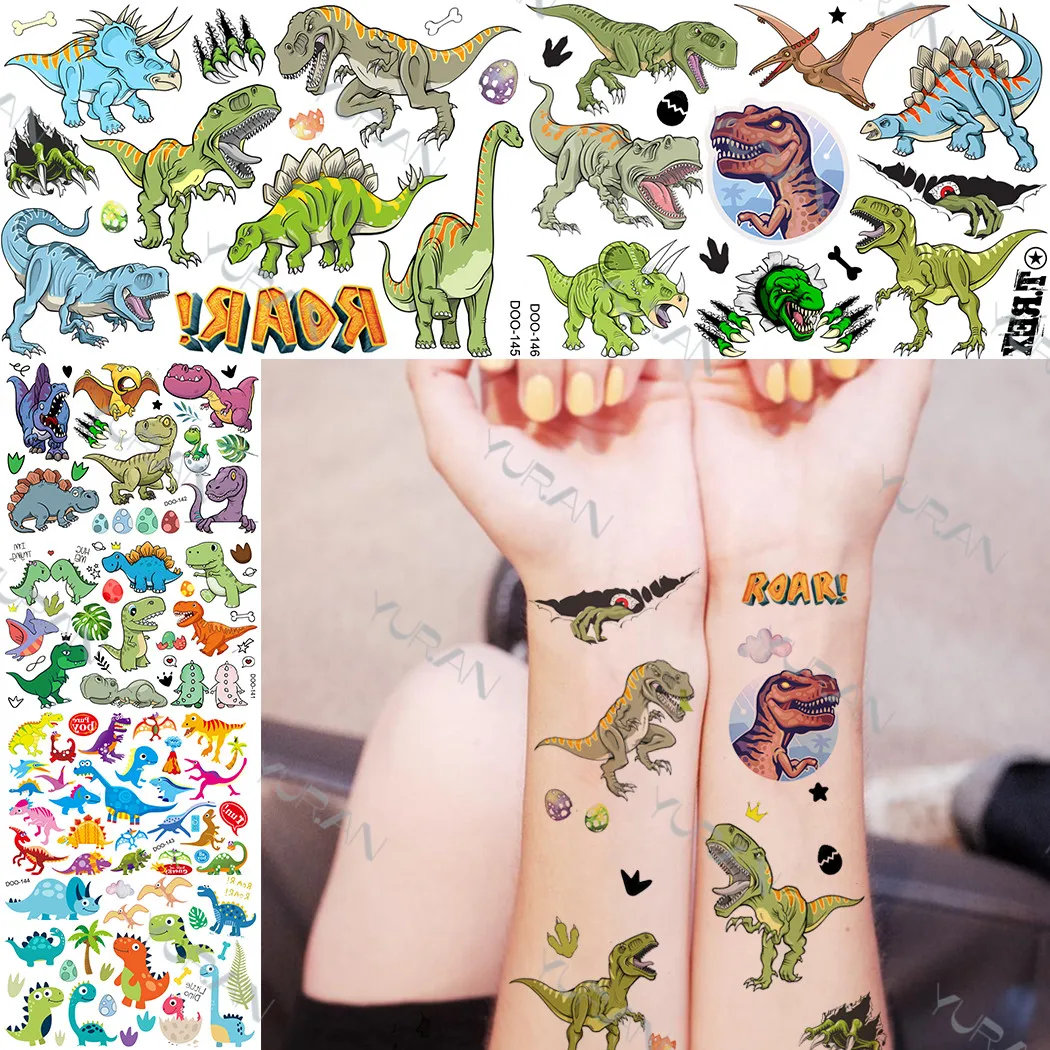 Tatuajes temporales de dinosaurio rugiente realista, pegatina para niños y niñas, tatuaje Jurásico Flash, tatuajes de arte corporal de dibujos