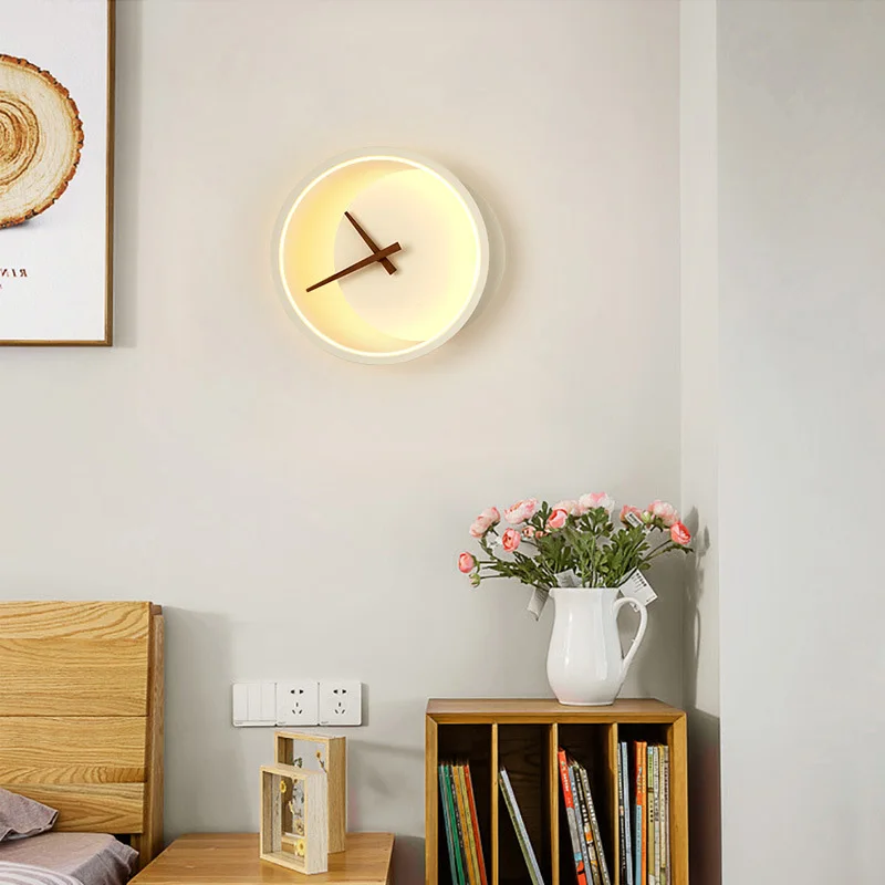 Wall Clock LED Wall Lamp Indoor Lighting Black/White Nordic Luxury Decoration Sconce For Hotel Bedside Living Room Bedroom