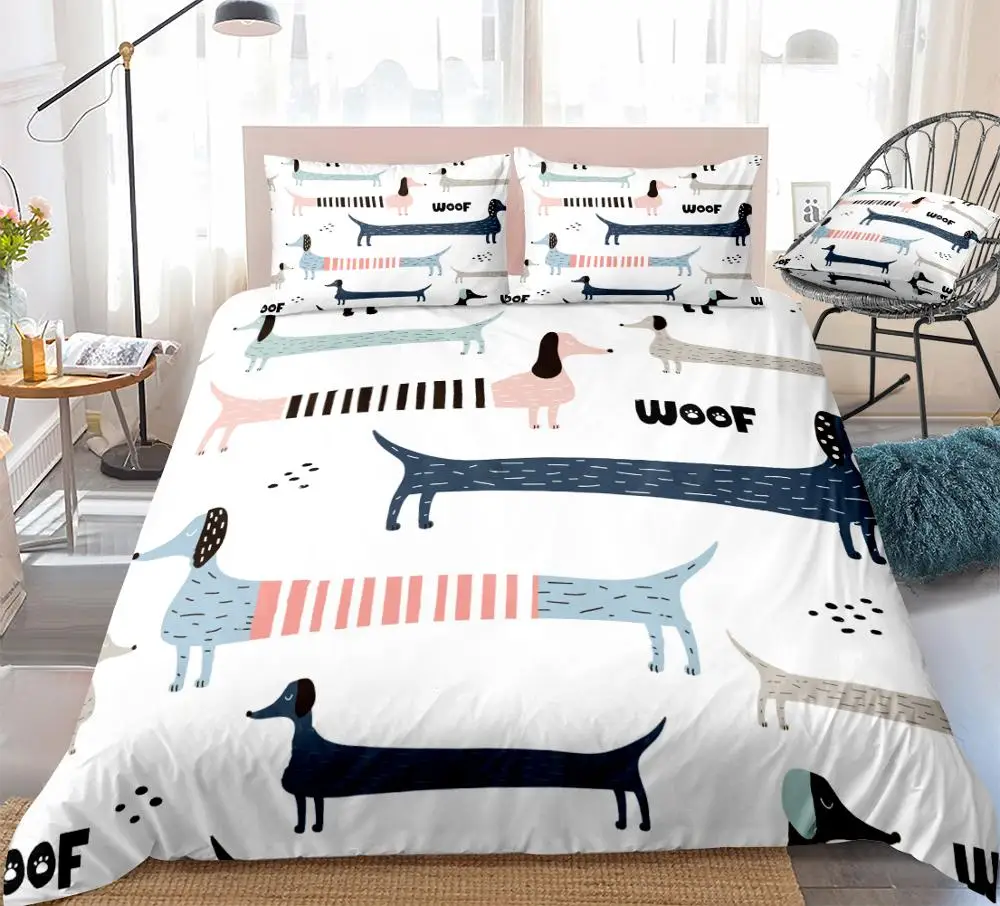 

3pcs Dachshund Dog Bedding Colorful Sausage Dog Duvet Cover Set Dachshunds Woof Bed Set Cartoon Pet Quilt Cover White Dropship