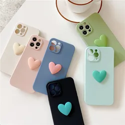 Cute 3D Love Heart  Camera Protection Phone Case For iPhone 11 13 Pro Max 12 Mini 7 8 Plus SE 2020 Solid Color Soft Silicone TPU