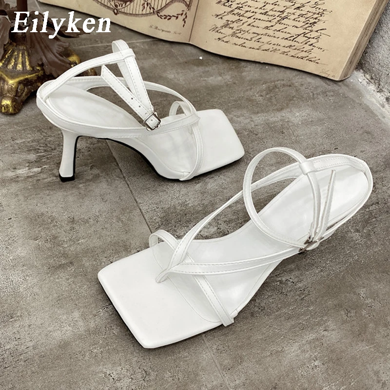 Eilyken New Fashion Narrow Band Gladiator Women Sandals Thin High Heels Shoes Elegant Square Toe Ankle Buckle Strap Party Pumps