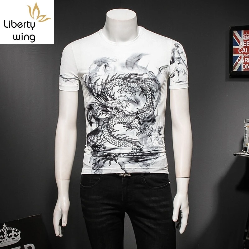 2020 New Summer Short-Sleeved T-Shirt Round Neck Large Size Chinese Dragon Printing Male Casual Clothes Fashion Tops White Black