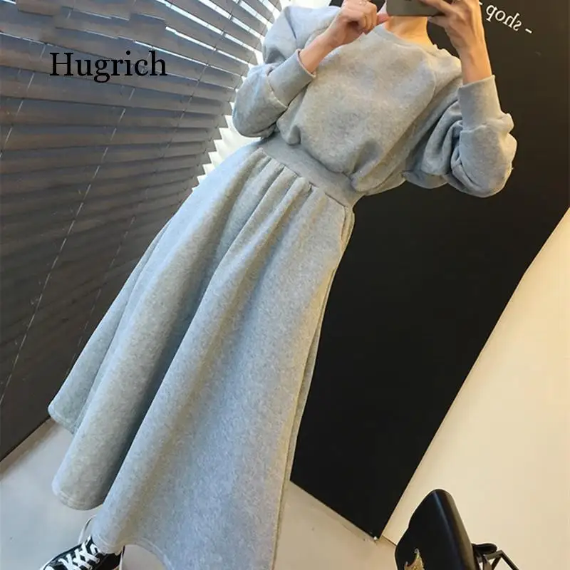 

New 2020 Autumn Winter Women Dresses Thicken High Elastic Waist Casual Long Minimalist Pockets Wild Warm Dress