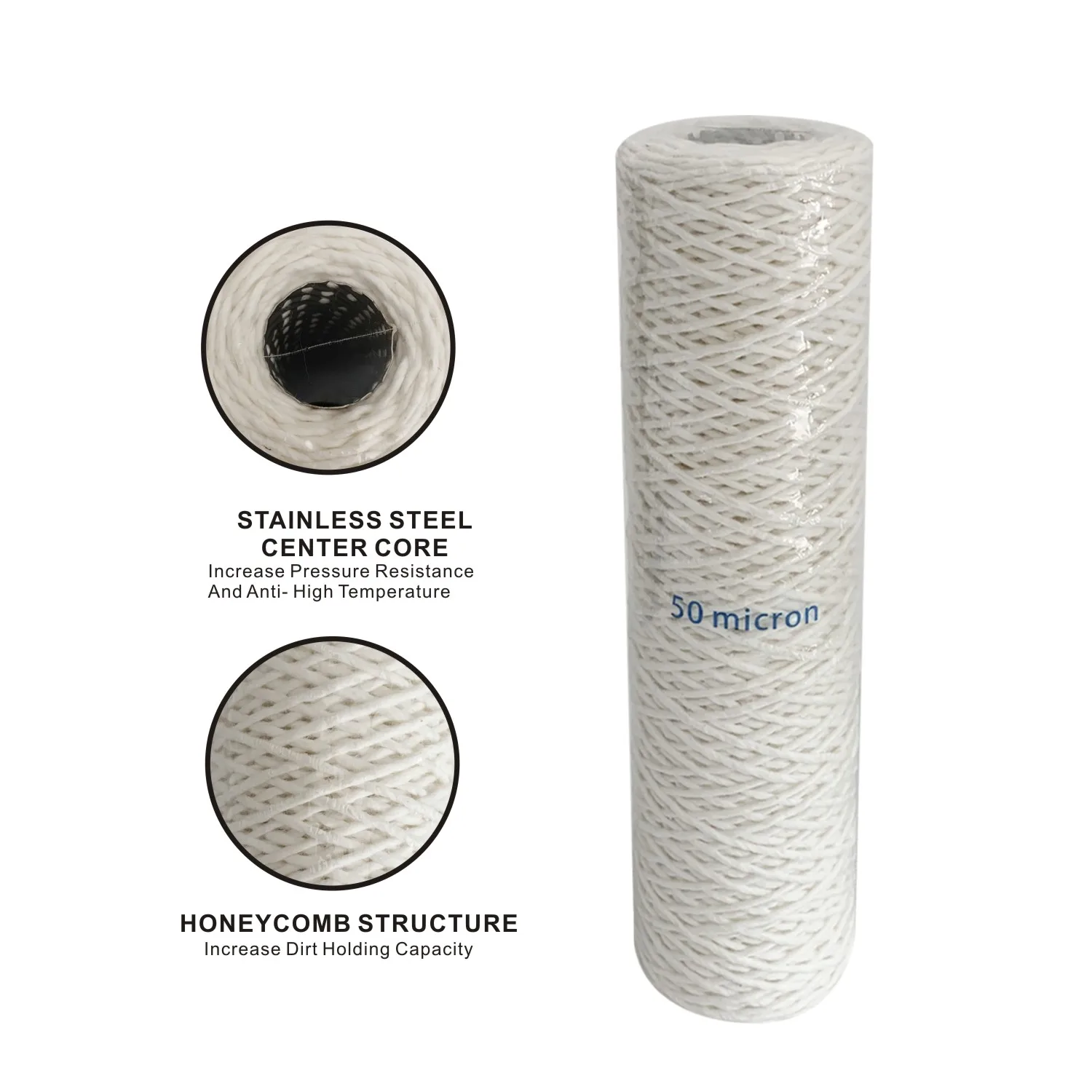 Filtro de repuesto de sedimento enrollado de cuerda de 50 micras con núcleo de acero inoxidable, 2,5 "x 10" , anti Alta Temperatura