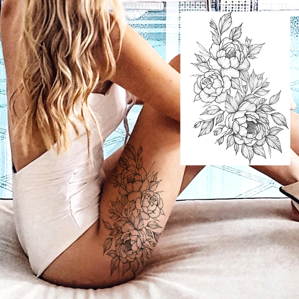 Sexy Blume Temporäre Tattoos Für Frauen Körper Kunst Malerei Arm Beine Tattoos Aufkleber Realistische Gefälschte Schwarz Rose Wasserdicht Tattoos