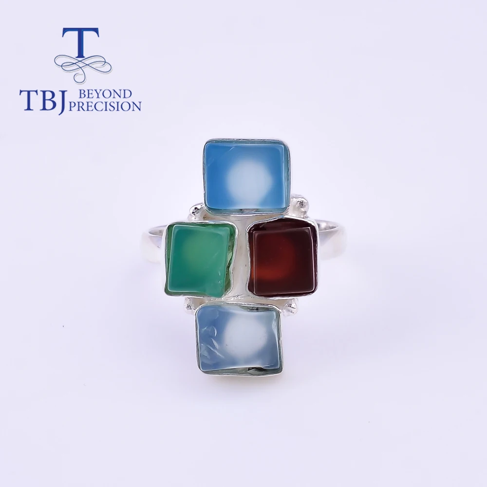 TBJ,Unique design Natural agate rough colorful gemstone handmade ring 925 sterling silver fine jewelry