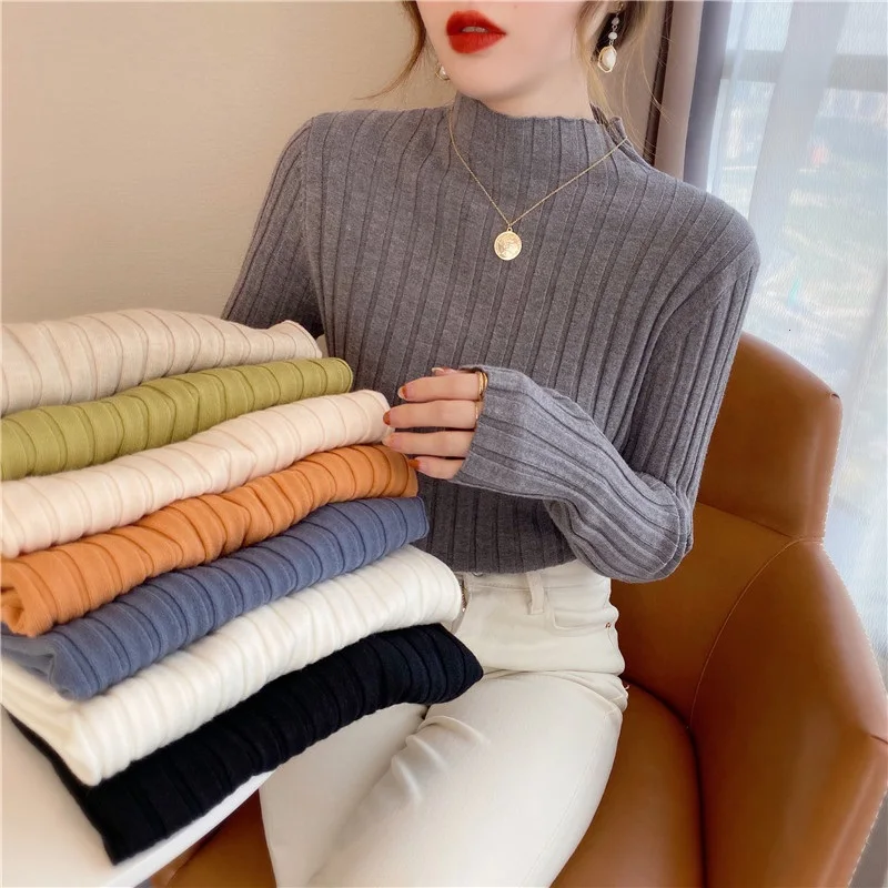 

TuangBiang Mock Neck Women Ribbed Long Sleeve Sweater 2022 Fashion Autumn Spring Basic Pullovers Lady Simple Casual Knitted Tops