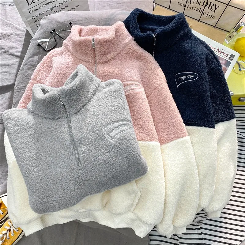 Winter Polar Fleece Apricot Blue Girly Clothes Women Sweatshirt Harajuku Embroidered Letters Thank You Loose Female Pullover