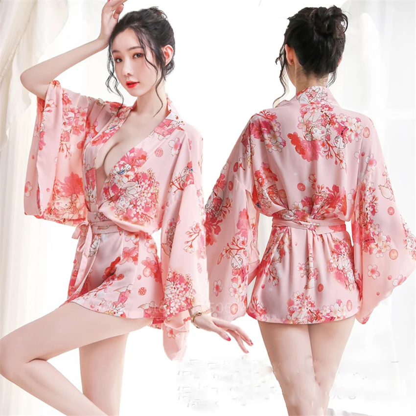 

Kimono Cardigan Japanese Style Sakura Girl Haori Sexy Satin Pajamas Yukata Dress Women Rubbit Bathrobe Party Nightgown Geisha