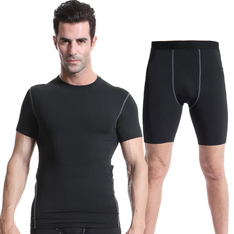 Men Skinny Training Exercise Suit Sweat Fast Drying Short Sleeves + Shorts Professional Tight Running Fitness Yoga Set