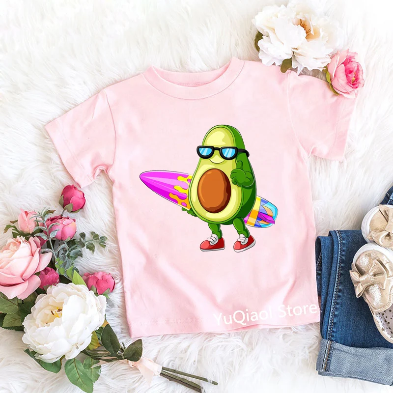 Funny Cartoon T Shirt Kids Clothes Surf Avocado Print Lovely Children 2021 Summer Top Pink Tshirt Baby Girls T-Shirt Graphic Tee