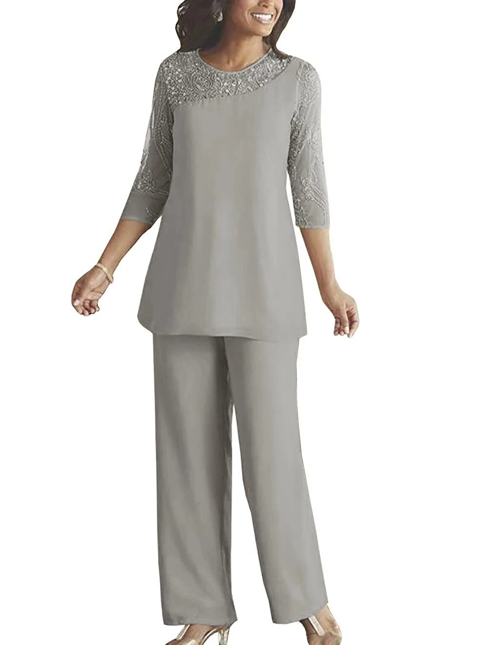 

Silver Mother Of The Bride Dresses Sheath 3/4 Sleeves Chiffon Beaded Pants Suit Long Groom Mother Dresses For Weddings