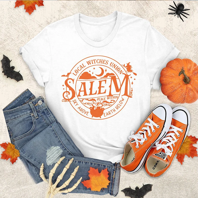 Địa Phương Phù Thủy Liên Salem Cam T Áo Sơ Mi Nữ 100% Cotton Graphic Tee Halloween Wicca Áo Thun Nữ Tay Ngắn Cao Cấp Witchy Áo Thun Nữ