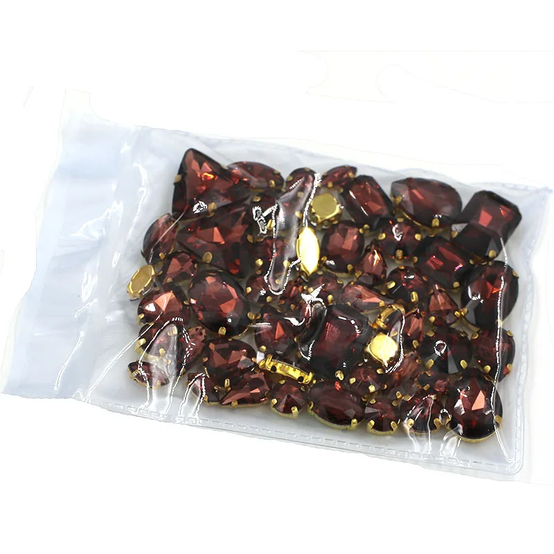 NEW 50pcs/bag mixed shape gold base glass rhinestones Wine red flatback sew on rhinestones diy clothing accessories