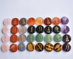 Fashion good quality natural stone carved Engraved Runes Symbols Reiki Healing Stone round No hole pendants 4pcs/lot wholesale
