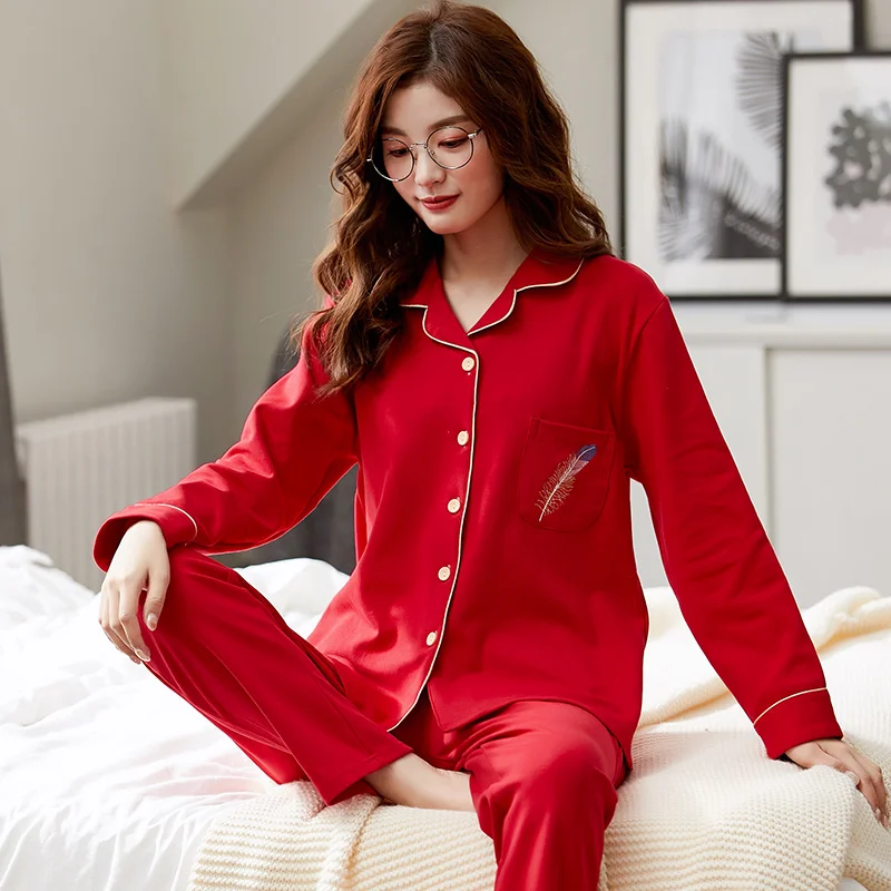 Pigiama donna nuova primavera manica lunga Cardigan rosso pigiama femminile Set pigiama in puro cotone pieno per donna indumenti da notte abito per la casa