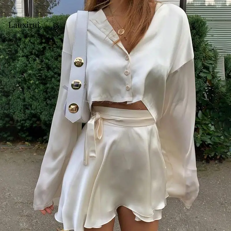 New Summer White Dress Casual Satin Two-piece Set Ladies O-neck Button Top Bandage Pencil Skirt Costume Fashion Party Set