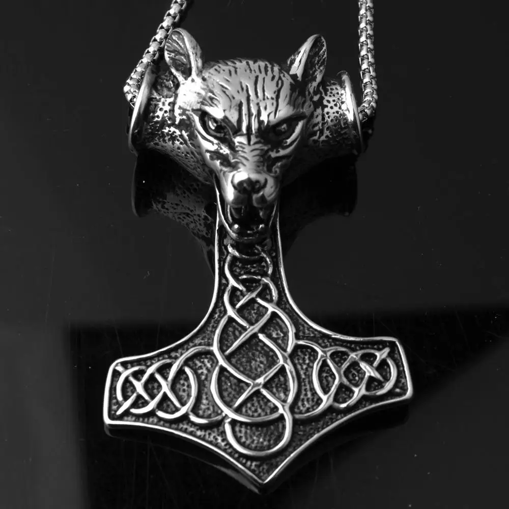 Gothic Men Jewelry Stainless Steel Huge Wolf Head Thor Hammer Mjolnir Pendant Necklace 24inch