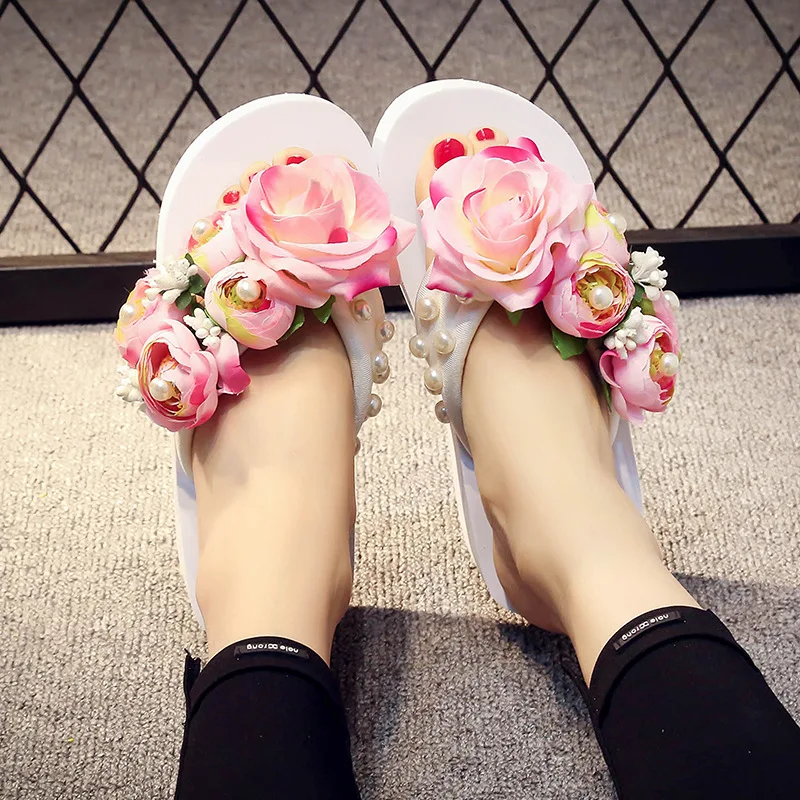 5CM High Heel Women Summer Slipper Female Sequined Flower Flip Flop Holiday Breathable Non-Slip Slippers Outdoor Beach Shoes