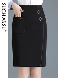 SUCH AS SU Women Pencil Skirt Spring Summer Button Wrap Hip Skirt High Waist Knee Length S-3XL Size Female OL Office Skirt 2102