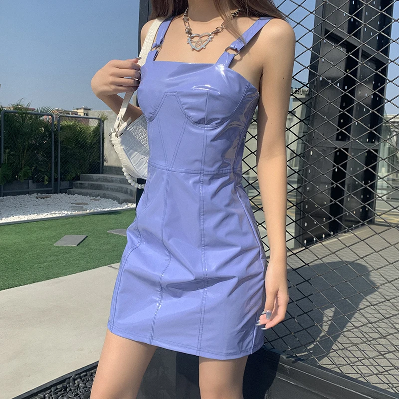 

Women Faux PU L leather Mini Dresses Female Blue Fashion Korean Style Spring Autumn Strap Stylish Clothing Casual Party Vestido