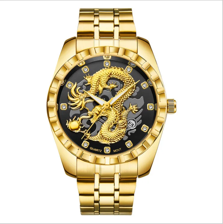 Reloj con estampado de dragón dorado de alta calidad para hombre, reloj con incrustaciones de diamantes, 3D, tridimensional, resistente al agua