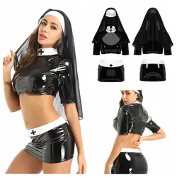 Donne adulti Sexy Naughty Nun costumi Cosplay Halloween Roleplay Outfit Crop Top con gonna aderente e copricapo per Clubwear