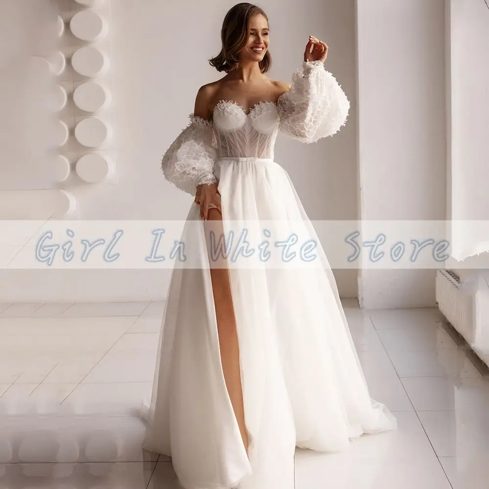 Abiti da sposa a-line con applicazioni senza spalline Abiti da sposa personalizzati con lacci senza schienale Maniche a sbuffo Spacco laterale alto Vestido De Novia