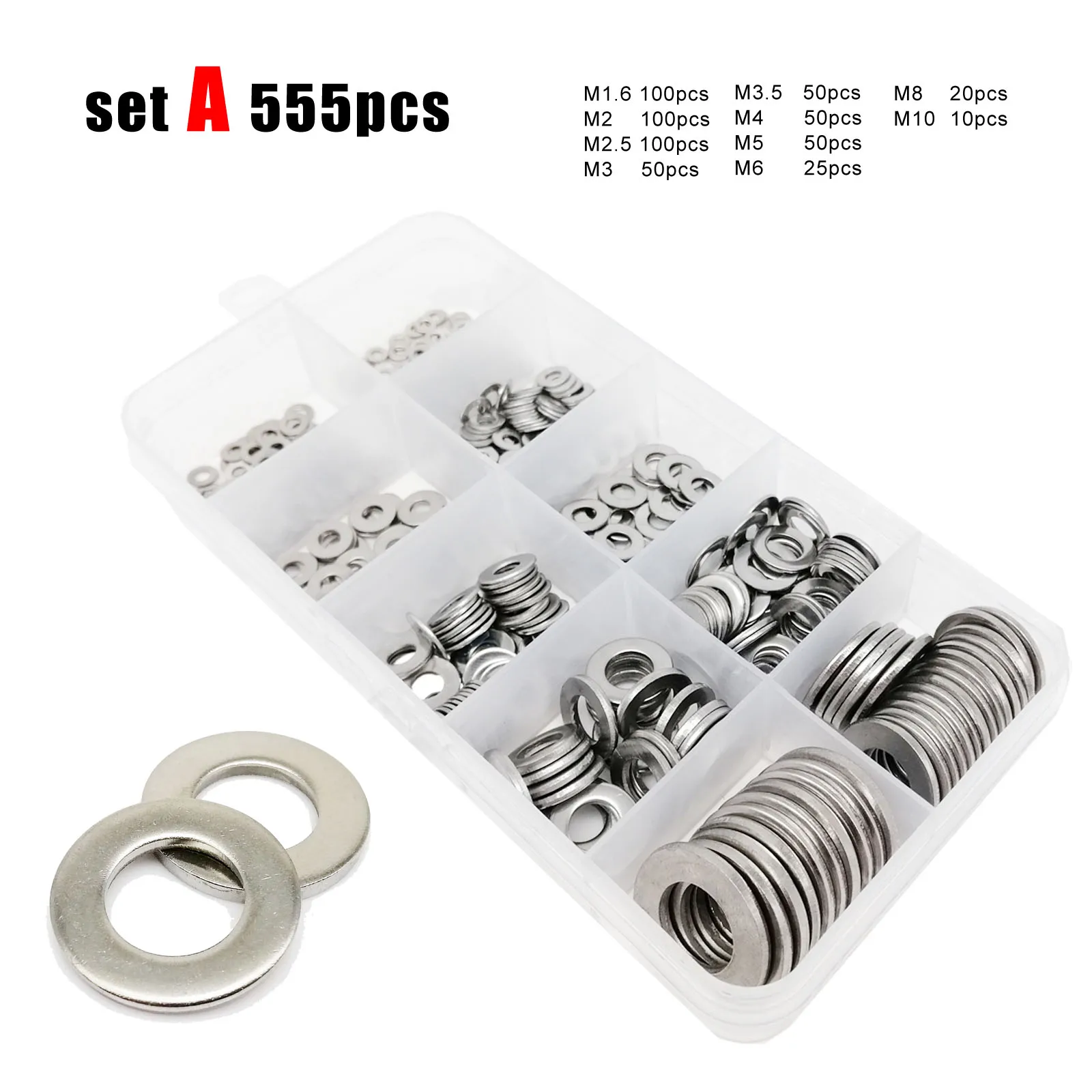 Total 555/1035pcs M1.6 M2 M2.5 M3 M3.5 M4 M5 M6 M8 M10 M12 M16 304 Stainless Steel Flat Washer Set Plain Gasket Assortment Kit