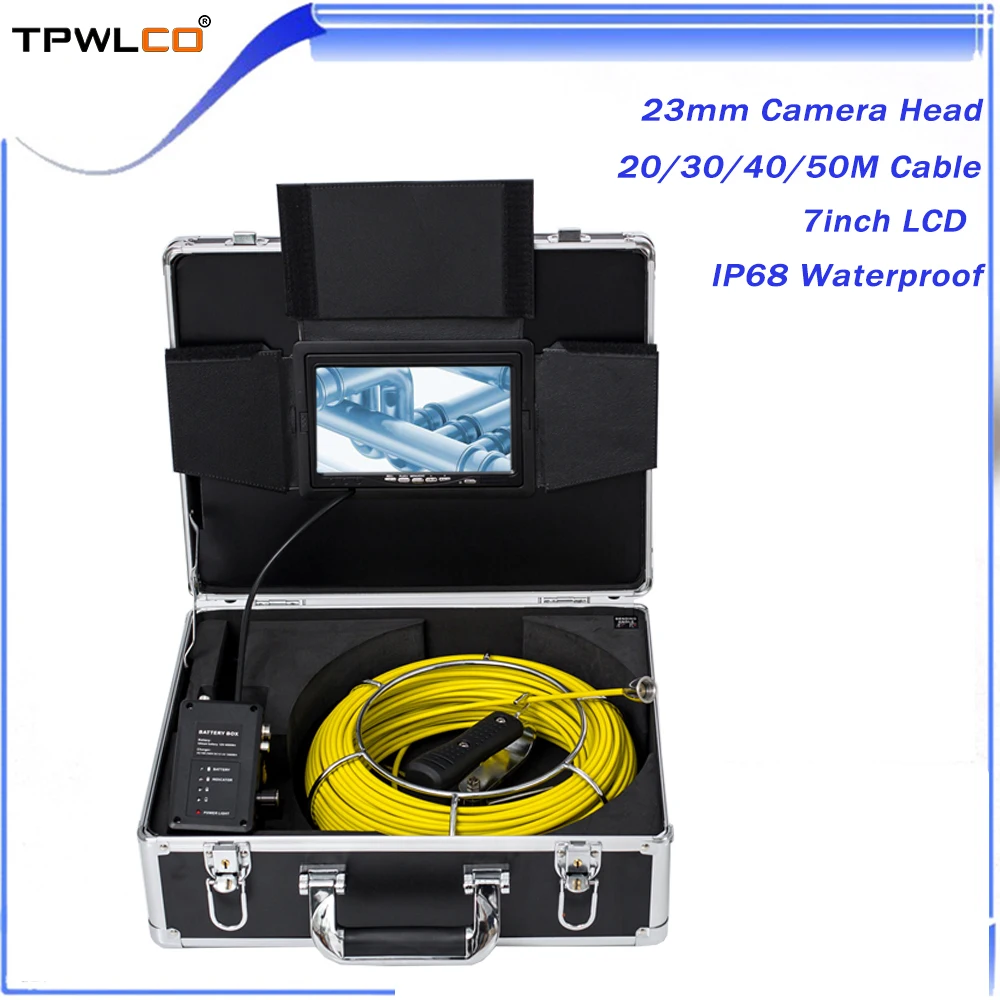 

TPWLCO 23mm DVR Recording Sewer Drain Pipeline Inspection Endoscope System 20/30/40/50m Cable 7inch Pipe Video Camera 12PCS LEDS