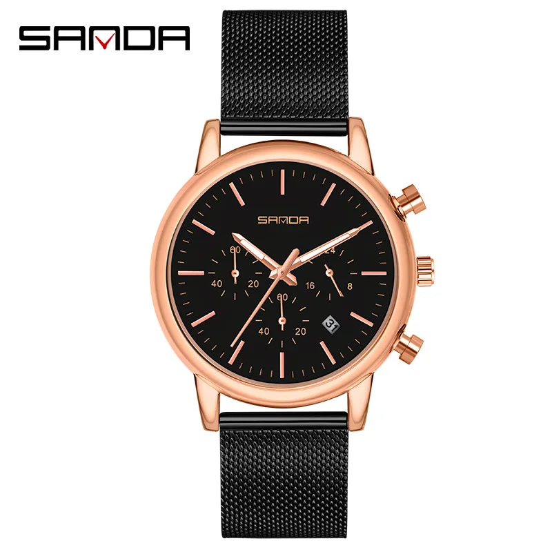 SANDA New Fashion Business Leisure Three Eyes Imitating Six Needle Calendar Waterproof Graduation Bar Nail Mesh Belt Men's Watch