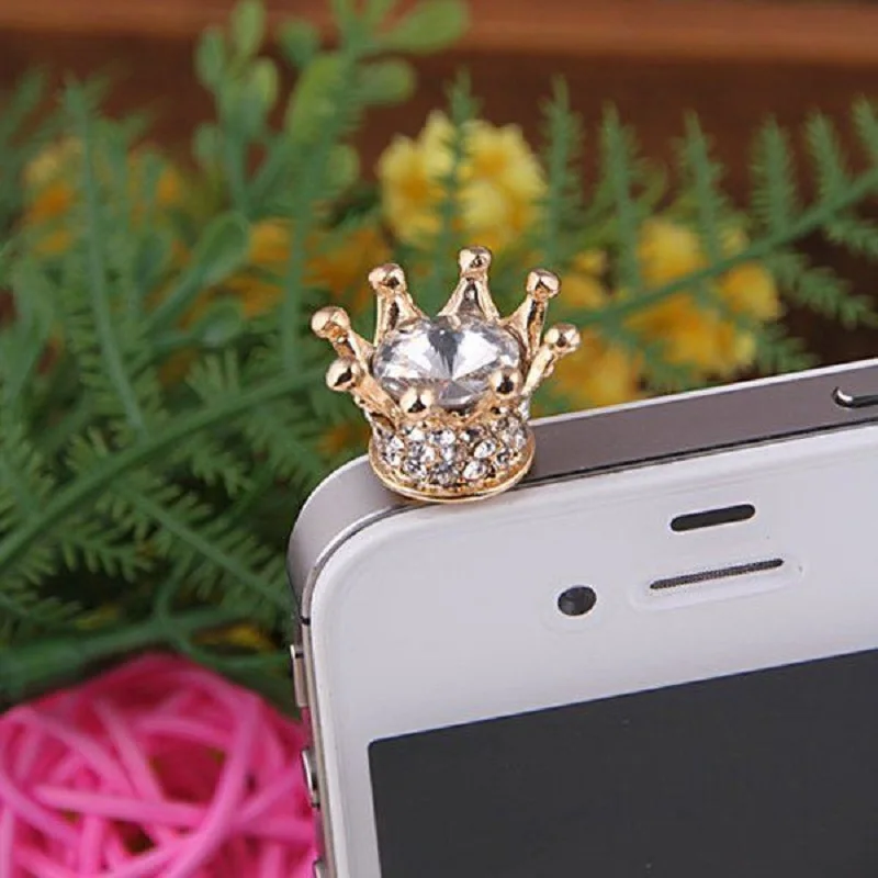 HOT SALE 3.5mm Crystal Rhinestones Cellphone Charms Earphone Audio Headphone Anti Jack Crown Dust Plug Phone