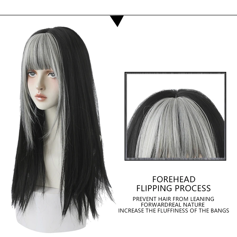 7JHH WIGS Highlighted Grey Black Kinky Straight Synthetic Wigs With Fluffy Bangs For Women Daily Wear Toupee Heat-Resistant Hair