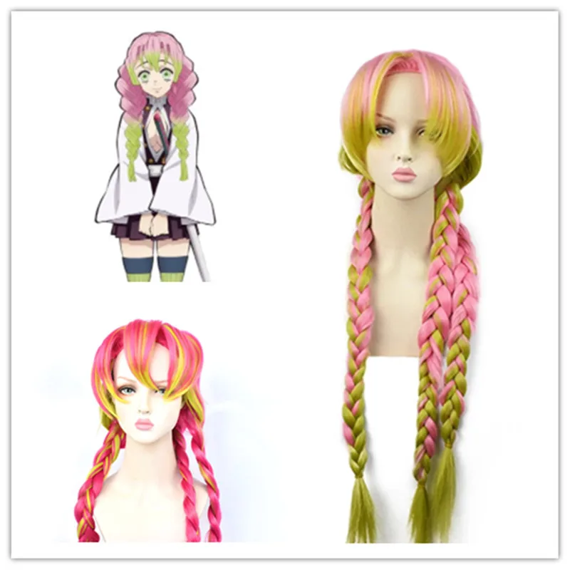 Peluca de cabello sintético resistente al calor para disfraz de Cosplay, peluca de Anime, peluca de cabello sintético, Cosplay Kanroji Mitsuri, utilería para fiesta de Halloween