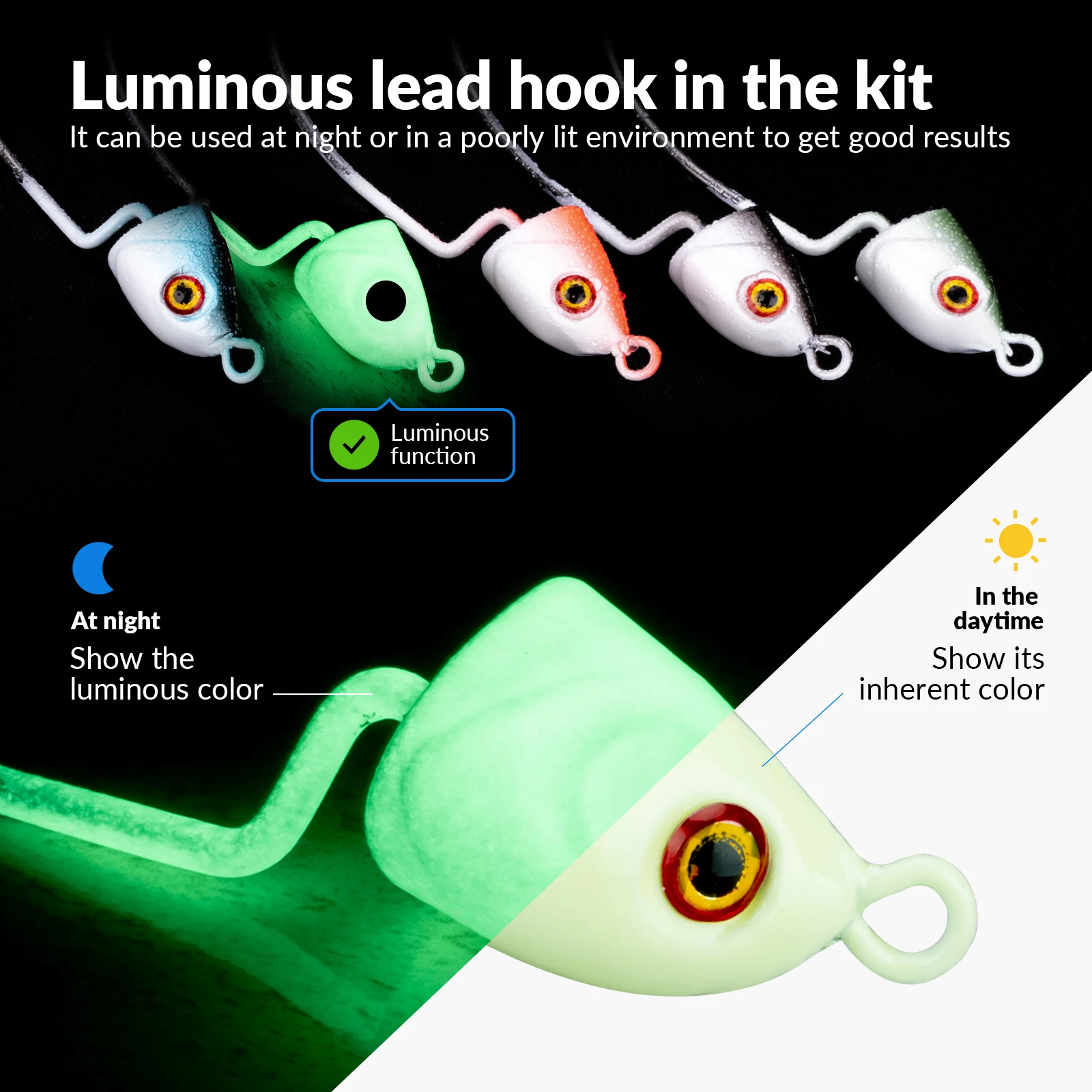 5pcs Luminous Jig Head Hooks 3.7g 4.9g 7.6g 10.3g 15g Lead Head Fishing Hooks For Soft Lure Freshwater Glow Fish Head Fishhooks
