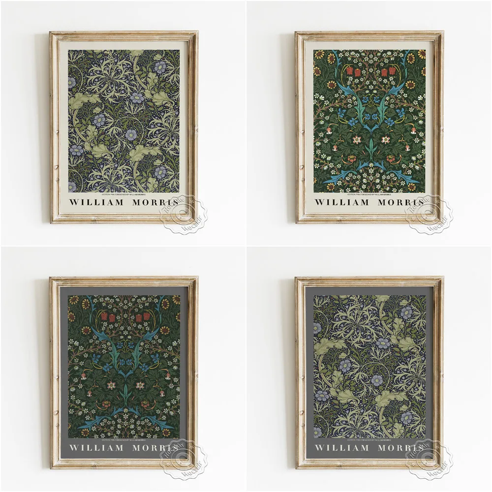 

William Morris Exhibition Museum Art Prints Poster, Flora Acanthus Canvas Painting, Navy Blue Fabrics Flowers Pattern Home Decor