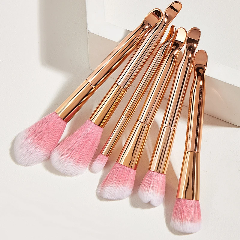 Saiantth 6pcs ear scoops handle rose gold makeup brushes set powder blush eye shadow portable cosmetic tool beauty kit long