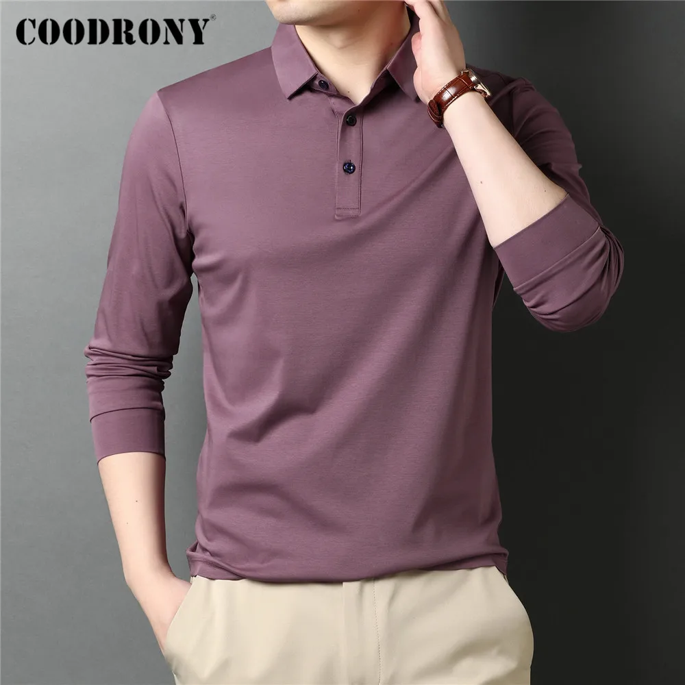 COODRONY Brand Spring Autumn High Quality Classic Casual Pure Color 100% Mercerized Cotton Long Sleeve Polo-Shirt Men Tops C5069