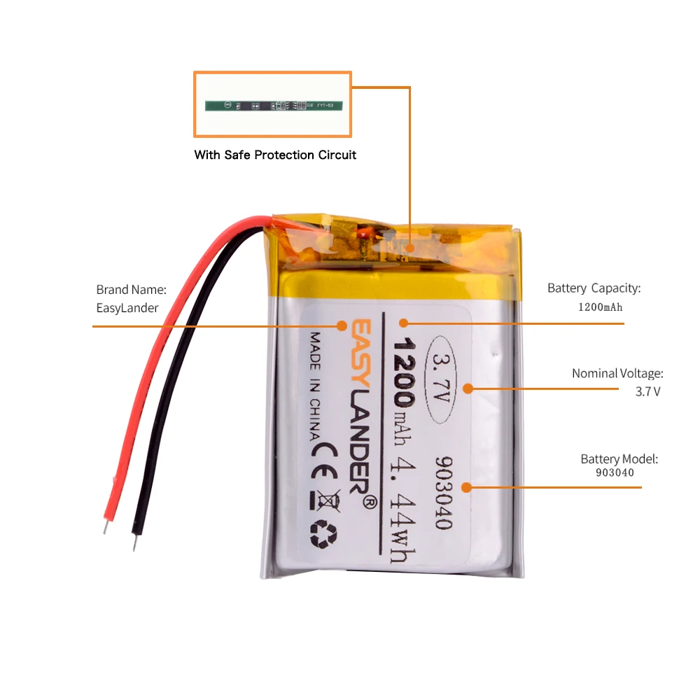 903040   Akumulator litowo-jonowy 3,7 V 1200 mAh do słuchawek MP5 Bluetooth