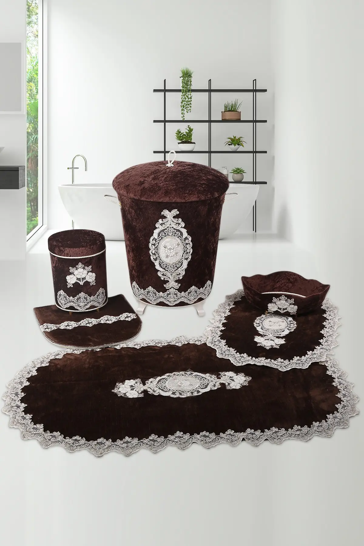 Coffee 6 Piece Lacy Bathroom Dirty Laundry Basket Set Bath Mat Set