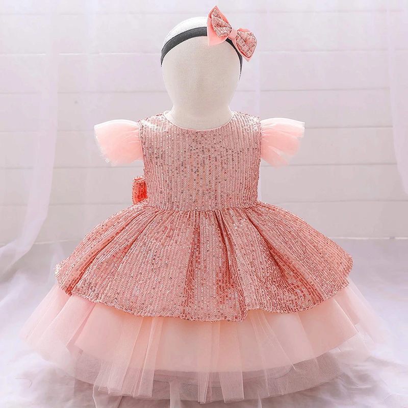 

Girl's Dresses Sequin Cake Double Baby Girl Dress 1 Year Birthday Born Party Wedding Vestidos Christening Ball Gown Clothes