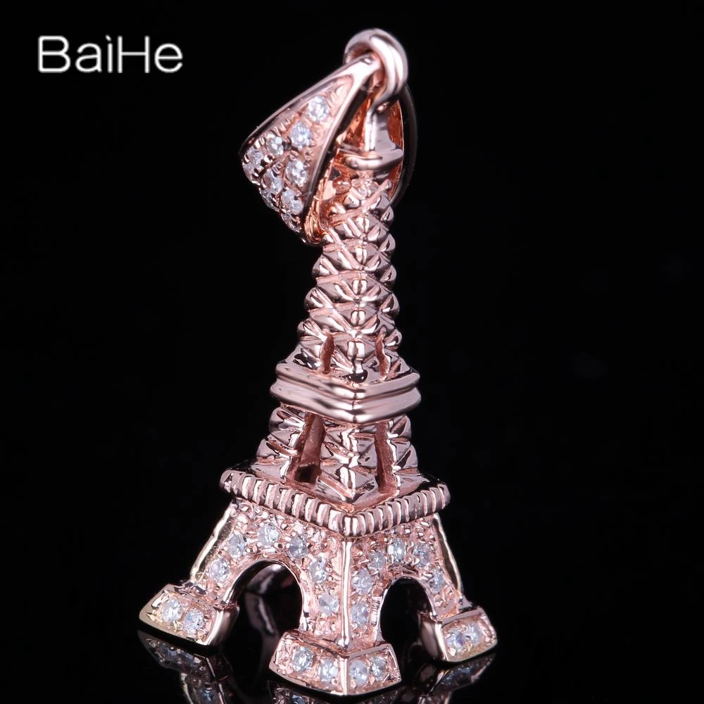 

BAIHE Solid 14K Rose Gold H/SI Natural Diamonds Wedding Women Men Fine Jewelry Trendy Charms Paris Tower Pendant תליון Pendentif