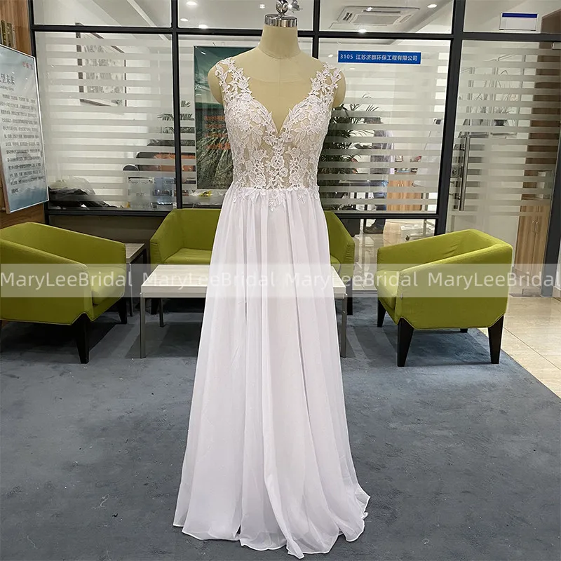 

100% Real Photo Summer Chiffon Wedding Dress Boho Transparent Buttons Back Nude Tulle White Applique Bridal Dress robe de mariee